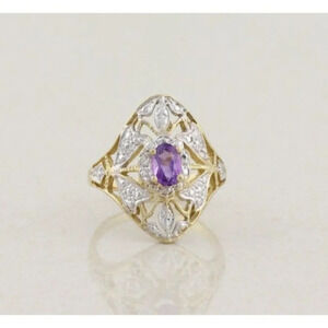 10k Yellow Gold and White Gold Natural Amethyst Ring Filigree Flower Size 7